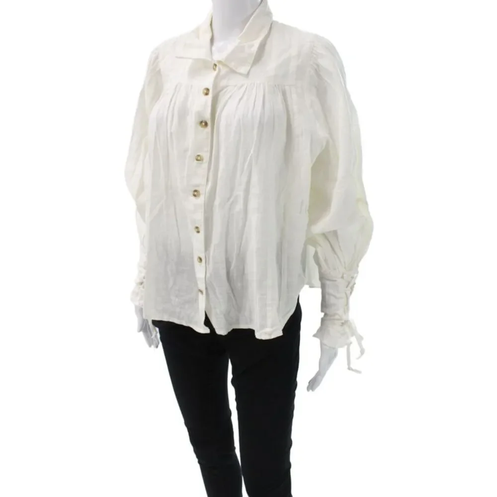 Free People Women Bohemian Tunic White Button Long Sleeve Cotton Size S